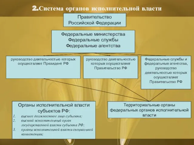 2.Система органов исполнительной власти Правительство Российской Федерации Федеральные министерства Федеральные