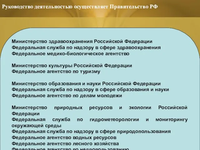 Руководство деятельностью осуществляет Правительство РФ Министерство здравоохранения Российской Федерации Федеральная