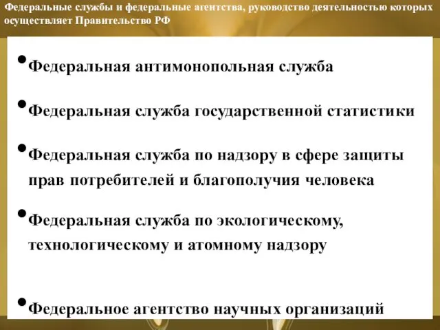 Федеральные службы и федеральные агентства, руководство деятельностью которых осуществляет Правительство РФ Федеральная антимонопольная