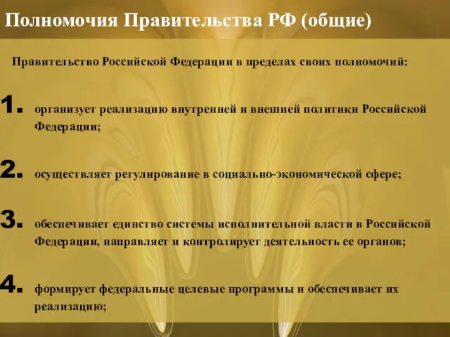 Правительство Российской Федерации в пределах своих полномочий: организует реализацию внутренней и внешней политики