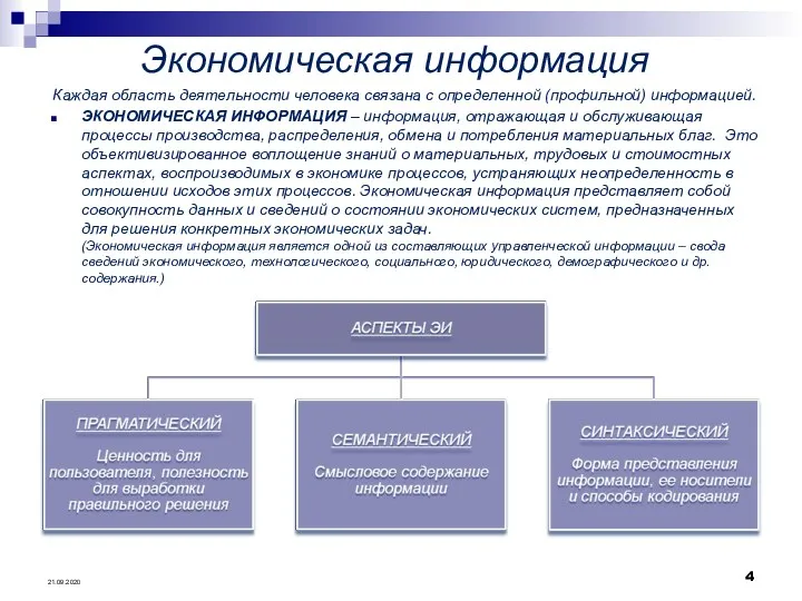 Экономическая информация Каждая область деятельности человека связана с определенной (профильной)