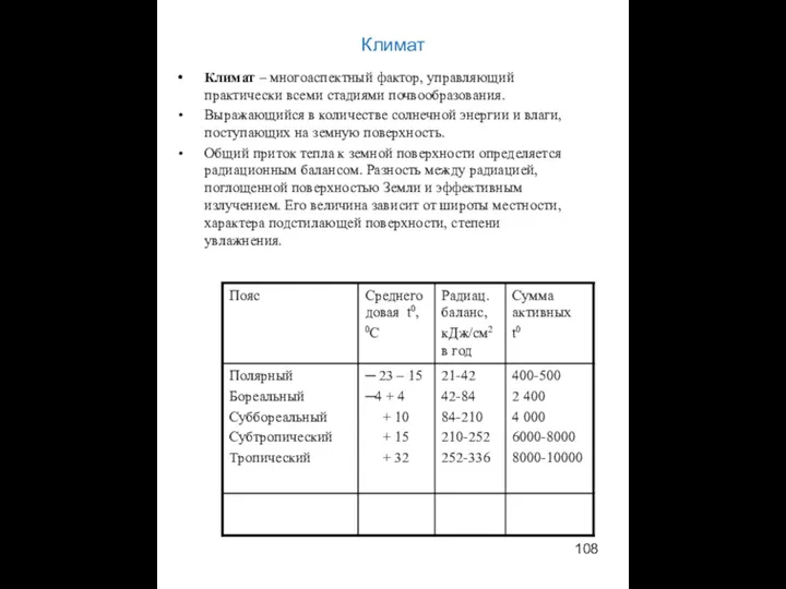 Климат Климат – многоаспектный фактор, управляющий практически всеми стадиями почвообразования.