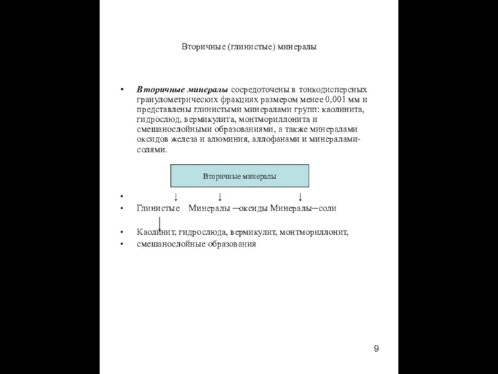 Вторичные (глинистые) минералы Вторичные минералы сосредоточены в тонкодисперсных гранулометрических фракциях