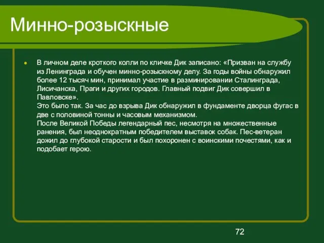 Минно-розыскные В личном деле кроткого колли по кличке Дик записано: