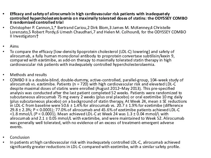 Efficacy and safety of alirocumab in high cardiovascular risk patients