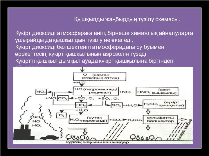 Қышқылды жаңбырдың түзілу схемасы. Күкірт диоксиді атмосфераға еніп, бірнеше химиялық