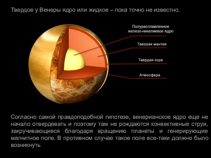 Согласно самой правдоподобной гипотезе, венерианское ядро еще не начало отвердевать