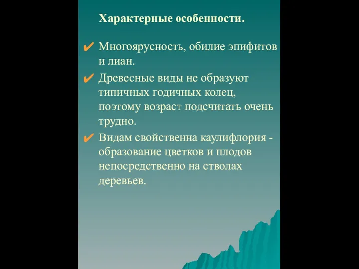 Характерные особенности. Многоярусность, обилие эпифитов и лиан. Древесные виды не