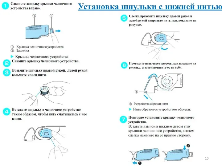 Установка шпульки с нижней нитью