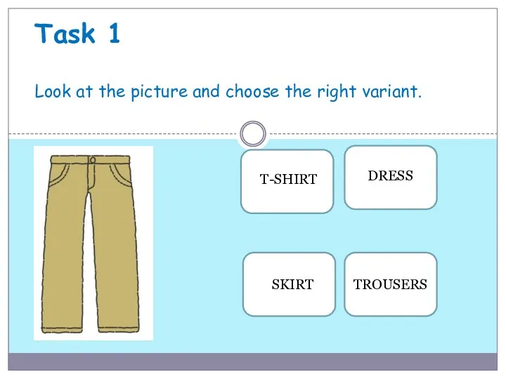 Task 1 Look at the picture and choose the right variant. T-SHIRT DRESS SKIRT TROUSERS