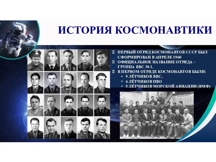 ПЕРВЫЙ ОТРЯД КОСМОНАВТОВ СССР БЫЛ СФОРМИРОВАН В АПРЕЛЕ 1960 ОФИЦИАЛЬНОЕ НАЗВАНИЕ ОТРЯДА –