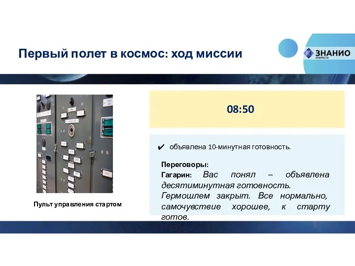 Первый полет в космос: ход миссии 08:50 объявлена 10-минутная готовность.