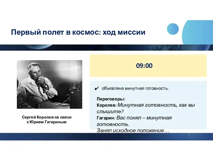 Первый полет в космос: ход миссии 09:00 объявлена минутная готовность. Переговоры: Королев: Минутная