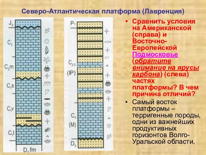 Северо-Атлантическая платформа (Лавренция) Сравнить условия на Американской (справа) и Восточно-Европейской