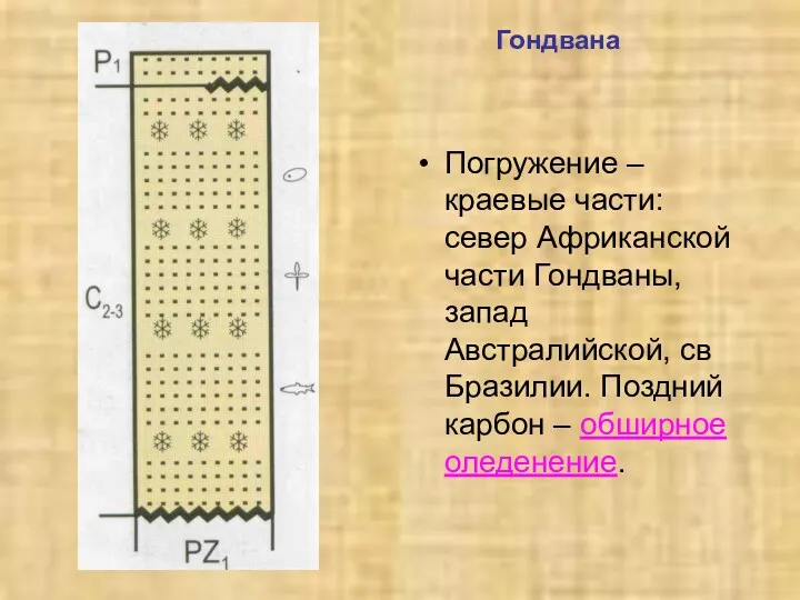 Гондвана Погружение – краевые части: север Африканской части Гондваны, запад