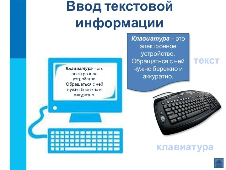 Ввод текстовой информации текст клавиатура Клавиатура – это электронное устройство. Обращаться с ней