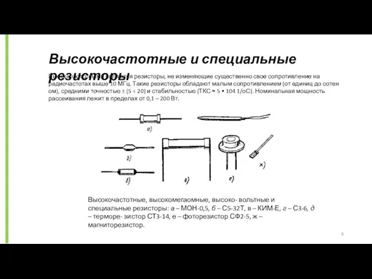 Высокочастотные и специальные резисторы Высокочастотными являются резисторы, не изменяющие существенно