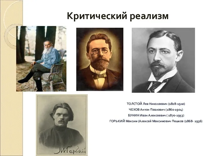 Критический реализм ТОЛСТОЙ Лев Николаевич (1828-1910) ЧЕХОВ Антон Павлович (1860-1904) БУНИН Иван Алексеевич