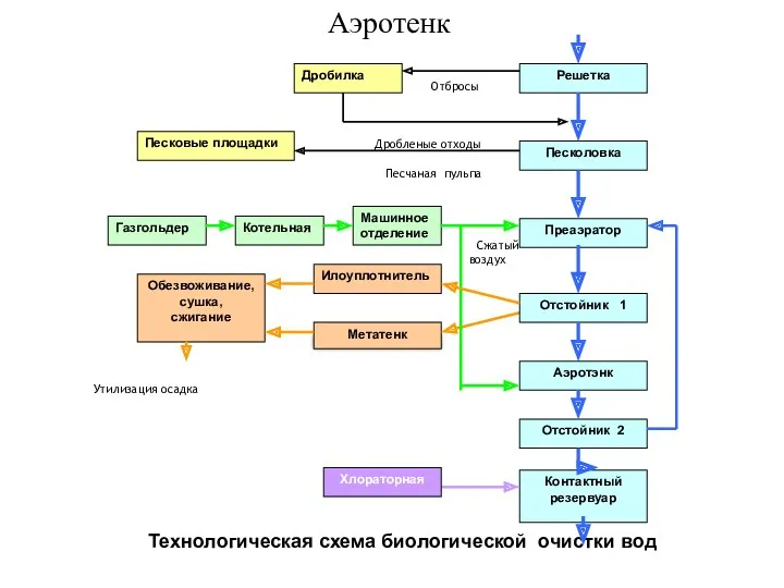 Технологическая схема биологической очистки вод Отбросы Дробленые отходы Песчаная пульпа Сжатый воздух Утилизация осадка Аэротенк