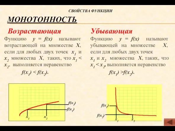 МОНОТОННОСТЬ Возрастающая Функцию у = f(х) называют возрастающей на множестве