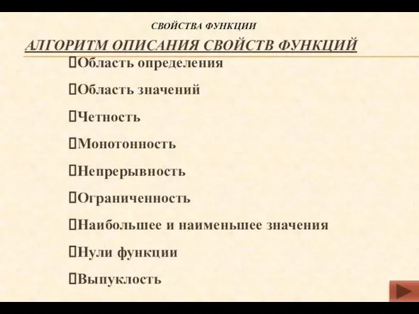 АЛГОРИТМ ОПИСАНИЯ СВОЙСТВ ФУНКЦИЙ Область определения Область значений Четность Монотонность