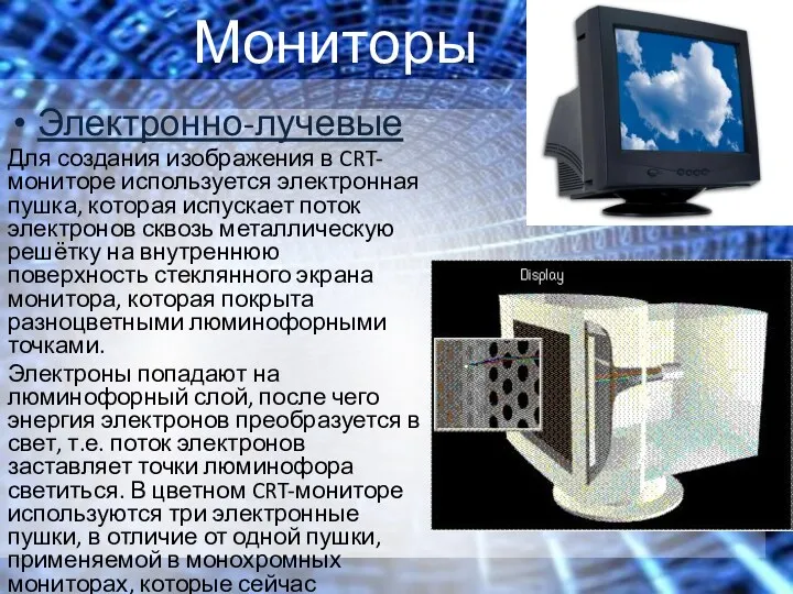 Мониторы Электронно-лучевые Для создания изображения в CRT-мониторе используется электронная пушка,