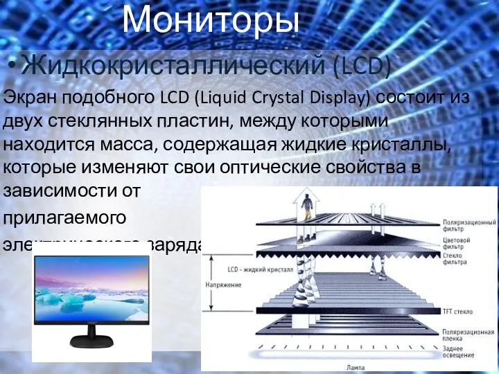 Мониторы Жидкокристаллический (LCD) Экран подобного LCD (Liquid Crystal Display) состоит