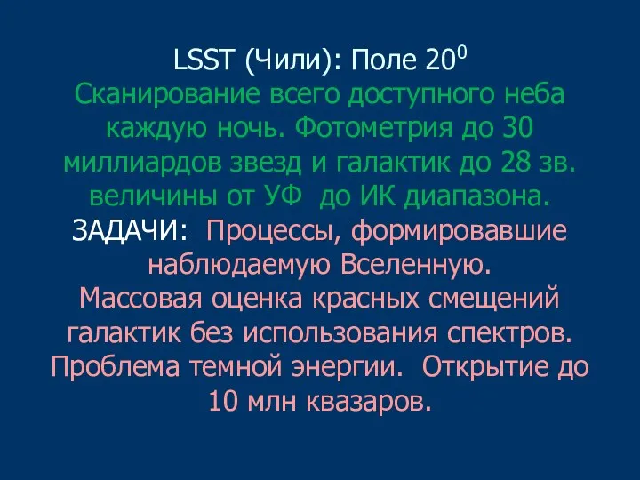 LSST (Чили): Поле 200 Сканирование всего доступного неба каждую ночь.