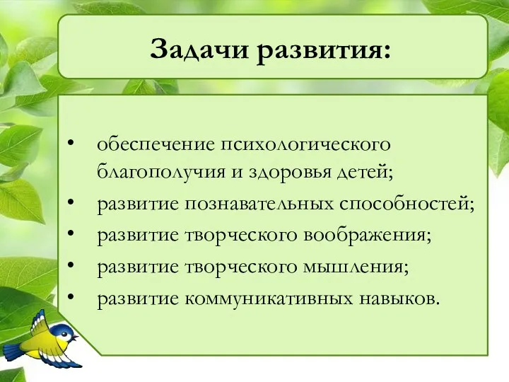 Задачи развития: обеспечение психологического благополучия и здоровья детей; развитие познавательных способностей; развитие творческого