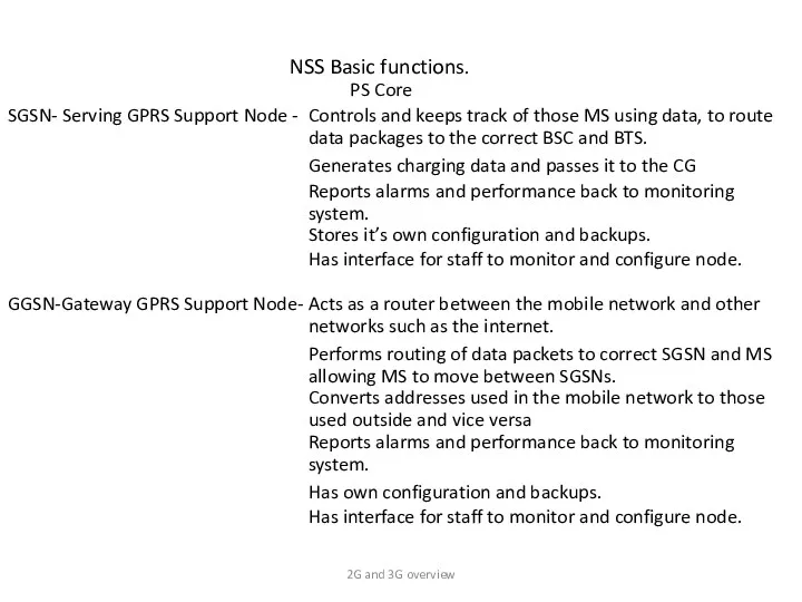 NSS Basic functions. PS Core SGSN- Serving GPRS Support Node - Controls and