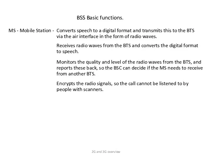 BSS Basic functions. MS - Mobile Station - Converts speech to a digital