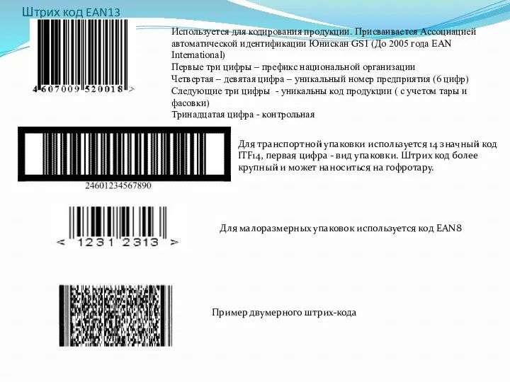 Штрих код EAN13 Используется для кодирования продукции. Присваивается Ассоциацией автоматической