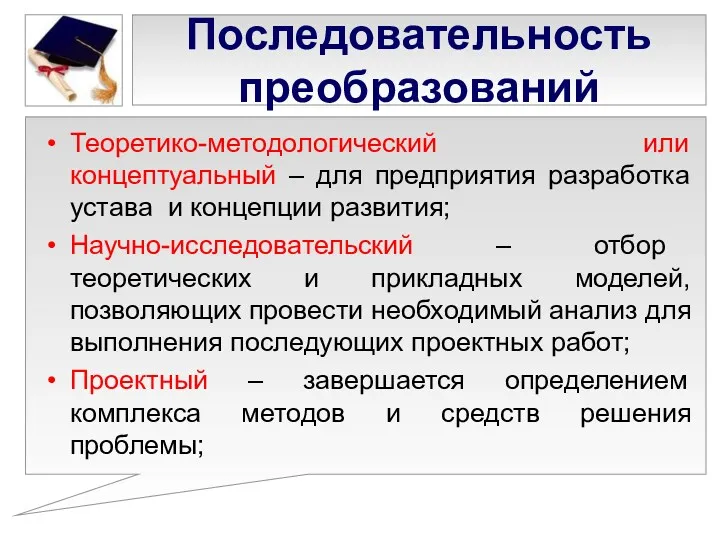 Последовательность преобразований Теоретико-методологический или концептуальный – для предприятия разработка устава