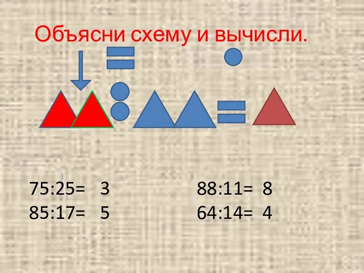 Объясни схему и вычисли. 75:25= 85:17= 88:11= 64:14= 3 5 8 4