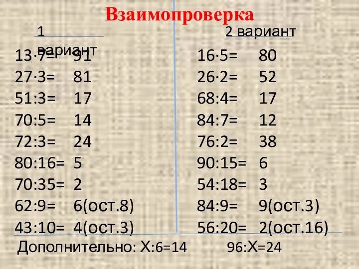 1 вариант 2 вариант 13∙7= 27∙3= 51:3= 70:5= 72:3= 80:16=