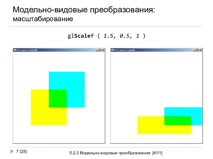 Модельно-видовые преобразования: масштабирование 5.2.3 Модельно-видовые преобразования [4/11] (28) glScalef ( 1.5, 0.5, 1 )