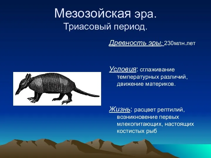 Мезозойская эра. Триасовый период. Древность эры: 230млн.лет Условия: сглаживание температурных