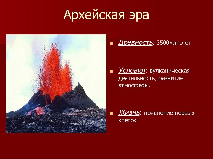 Архейская эра Древность: 3500млн.лет Условия: вулканическая деятельность, развитие атмосферы. Жизнь: появление первых клеток