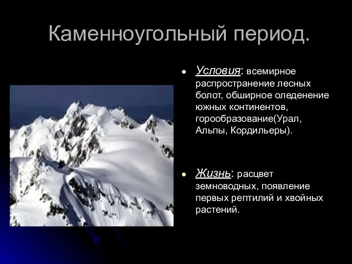 Каменноугольный период. Условия: всемирное распространение лесных болот, обширное оледенение южных