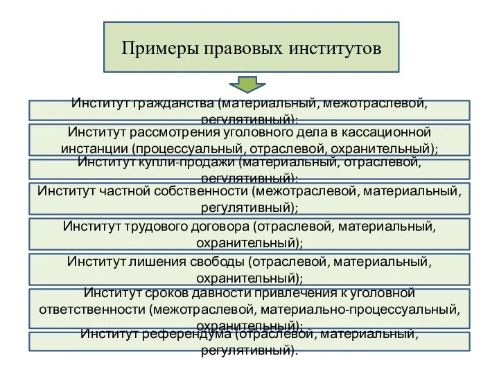 Примеры правовых институтов Институт гражданства (материальный, межотраслевой, регулятивный); Институт рассмотрения