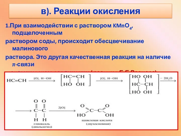 в). Реакции окисления 1.При взаимодействии с раствором KMnО4, подщелоченным раствором