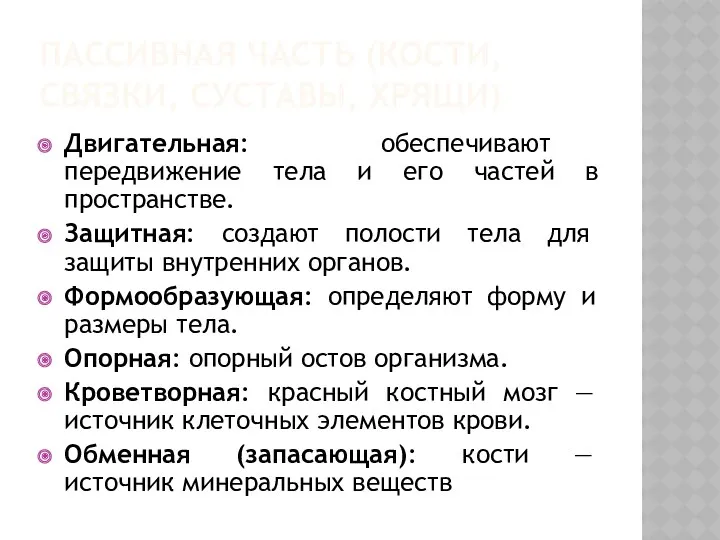 ПАССИВНАЯ ЧАСТЬ (КОСТИ, СВЯЗКИ, СУСТАВЫ, ХРЯЩИ) Двигательная: обеспечивают передвижение тела