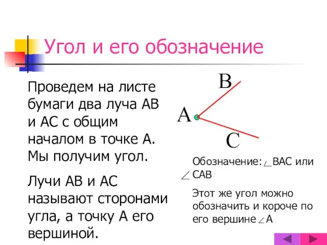 Угол и его обозначение Мы получим угол. Лучи АВ и