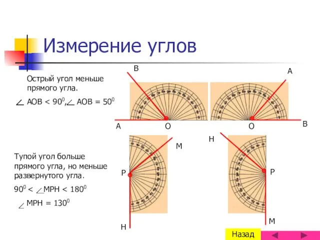 Измерение углов Острый угол меньше прямого угла. AOB Тупой угол