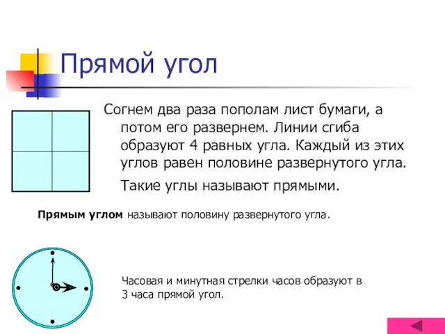 Прямой угол Согнем два раза пополам лист бумаги, а потом