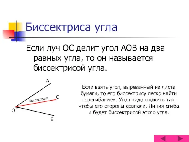 Биссектриса угла Если луч ОС делит угол АОВ на два