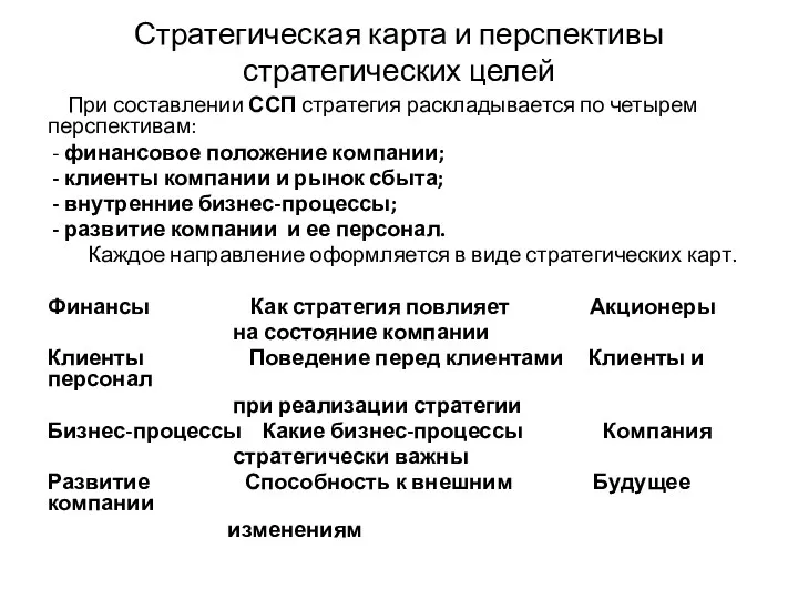 Стратегическая карта и перспективы стратегических целей При составлении ССП стратегия