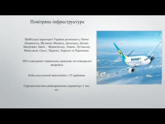 Повітряна інфраструктура Найбільші аеропорти України розміщені у Києві (Бориспіль, Жуляни), Вінниці, Донецьку, Дніпрі,