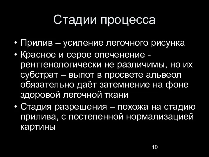 Стадии процесса Прилив – усиление легочного рисунка Красное и серое