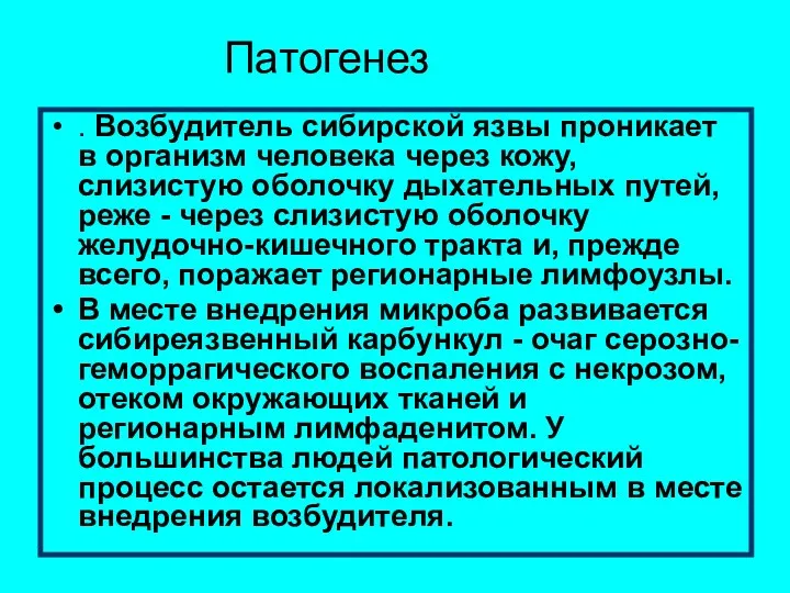 Патогенез . Возбудитель сибирской язвы проникает в организм человека через